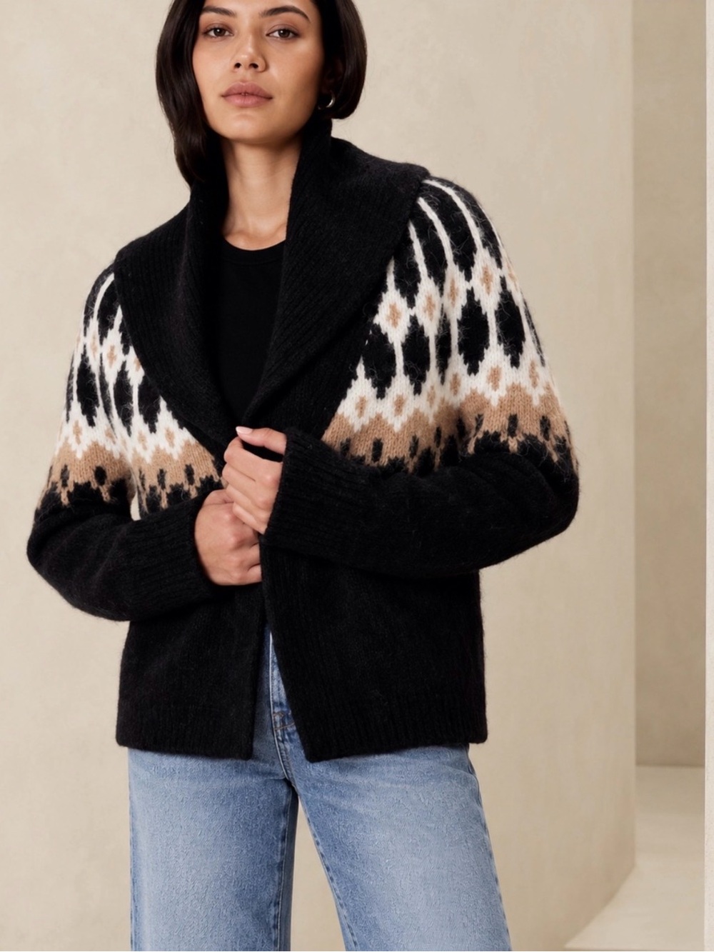 NWT Alpaca Banana Republic Fair Isle Cardigan Sweater Black Size L western Fall